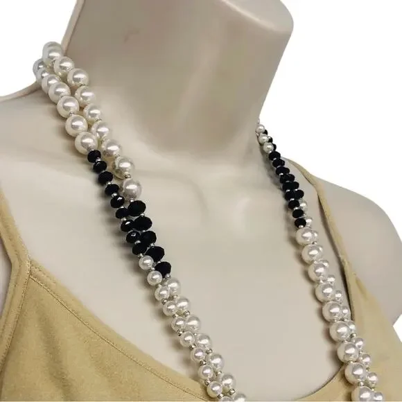 Vintage Black White Faux Pearl Long Necklace Effortless Chic Style Retro Vibe - Picture 4 of 16
